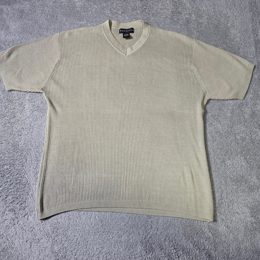 Baracuta‎ Mens Large Sweater Sage Green Silk Cotton Ribbed V-Neck Short Sleeve